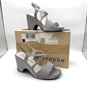 Vintage Apostrophe Heels Metallic Silver Open Toe Sandals Block Buckle 1990s 6.5